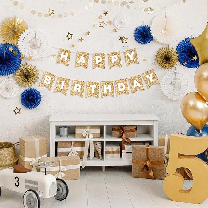 Hooqict Gold Happy Birthday Banner Sign for Backdrop Gold Happy Birthday Decorations for Women Men Kids 1st 2nd 3rd Party Supplies Wall Door Banner Garland Bunting Flag
