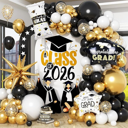 Graduation Balloon Arch Garland Kit 2026, Black Gold Confetti White Graduation Decorations with Foil Grad Cap Diploma Star Balloons for Congrats Class of 2026 Graduates Celebrations Party Decorations