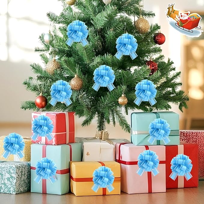 12 Pcs Blue Gift Bow Pull Bows for Gift Warpping Christmas Warp Ribbon Bow Party Birthday Wedding Solid Bows for Bikes Anniversary Boxes Flower Decorations Valentine's Day (Light Blue-E)