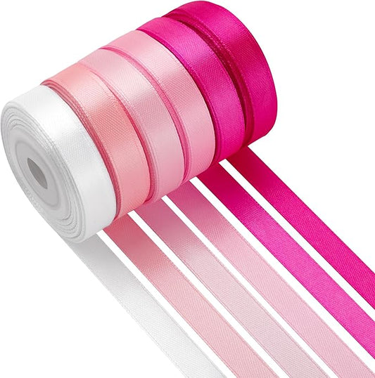 LIUYAXI Pink Double Face Satin Ribbon 3/8 Inch x 6 Rolls Total 60 Yards- White Pink Ribbon for Gift Wrapping, Crafts, Flower Bouquets, Hair Bows, Wedding,Valentine's Day