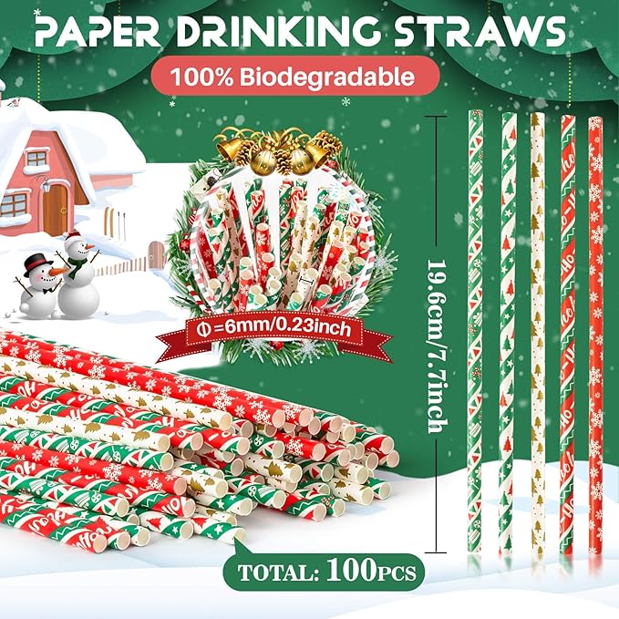 MAQIHAN 100pcs Christmas Drinking Straws - Cocktail Straws Small Colourful Agave Kraft Paper Straws Bulk, for Coffee, Milk, Juice, Cocktial and Suit for Christmas, Birthday Parties, Weddings.