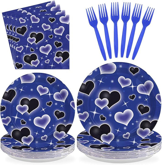 96 Pcs Y2K Party Decorations Blue Black Heart Plates and Napkins Y2k Theme Birthday Party Tableware sets for Birthday Wedding Bridal Shower Early 2000s Party Decorations Serves 24