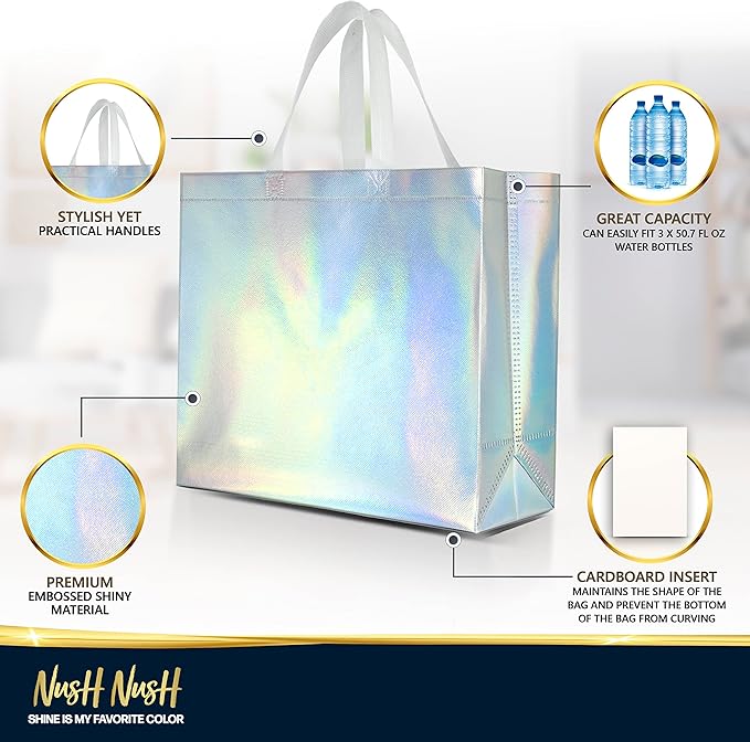 Nush Nush Iridescent Large Gift Bags Bulk - Set of 30 Holographic Reusable Gift Bags with Handles - Goodie Bags for Birthday Parties, Wedding, Small Business, Corporate Events - 13" W x 5" D x 11" H