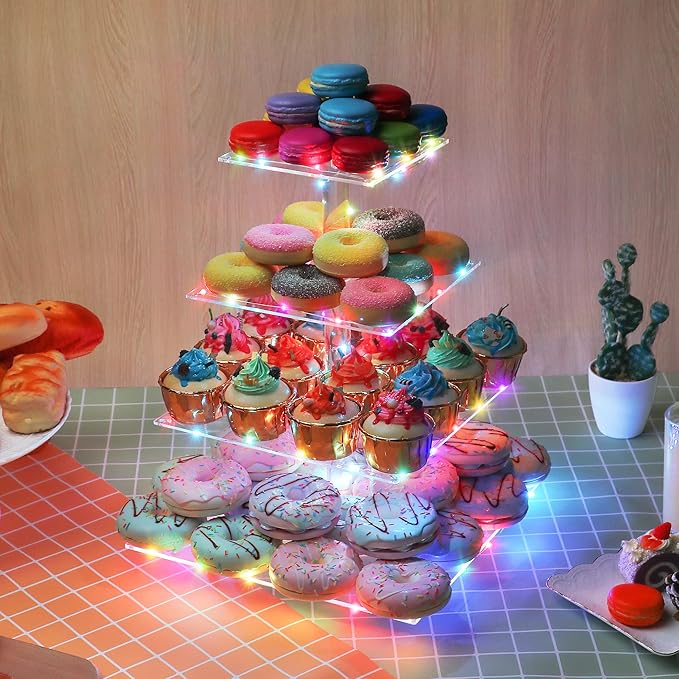 WeddingWish Cupcake Display Stand, 4-Tier Acrylic & Copper, Multicolor LED Light, 50 Cupcakes