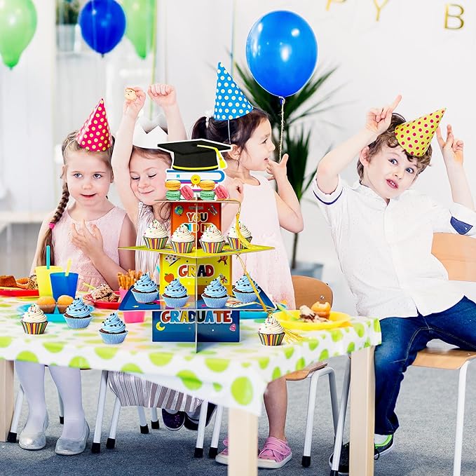 Haooryx Kindergarten Graduation Cupcake Stand - 3-Tier Preschool Graduation Cupcake Tower Decorations Cardboard Round Candy Dount Dessert Holder for Kindergarten Graduation Party Table Decor Supplies