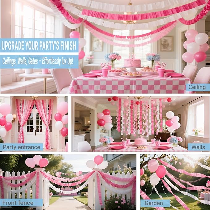 Princess Hot Pink Crepe Paper Streamers 492ft Shades of Pink Fringe Birthday Party Curtains for Backdrop, Door, Ceiling Birthday Party Decorations Various Pink Wedding Decor