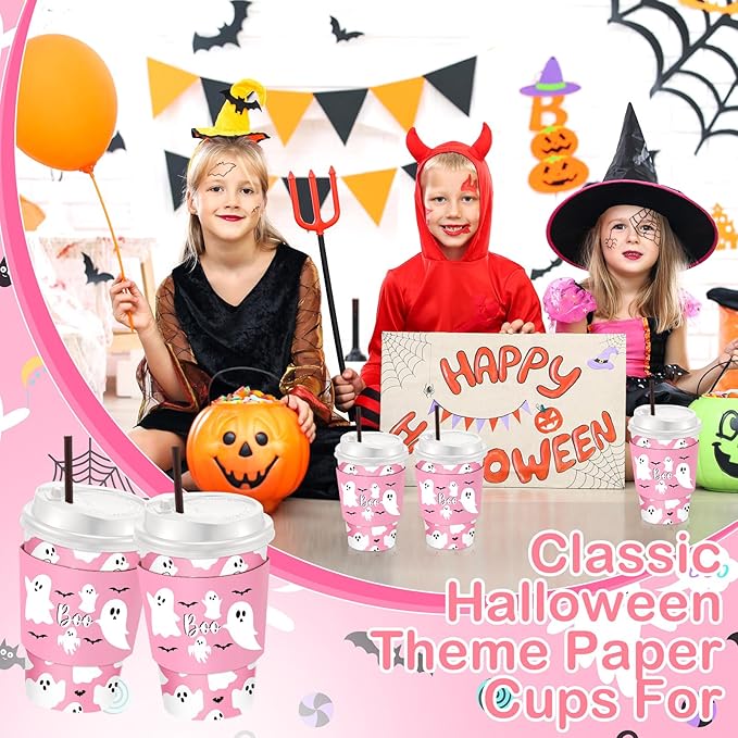 Pickmesh 50 Set 12oz Halloween Disposable Coffee Cups with Lids and Sleeves Straws, Ghost Boo Paper Cups for Cold Hot Cocoa Drink Halloween Party Supplies