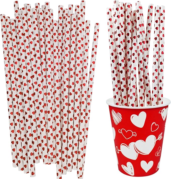 50 Pcs Heart Shape Straws Foil Valentine's Day Heart Paper Straws Drinking Straws For Birthday Party Wedding Party Favors