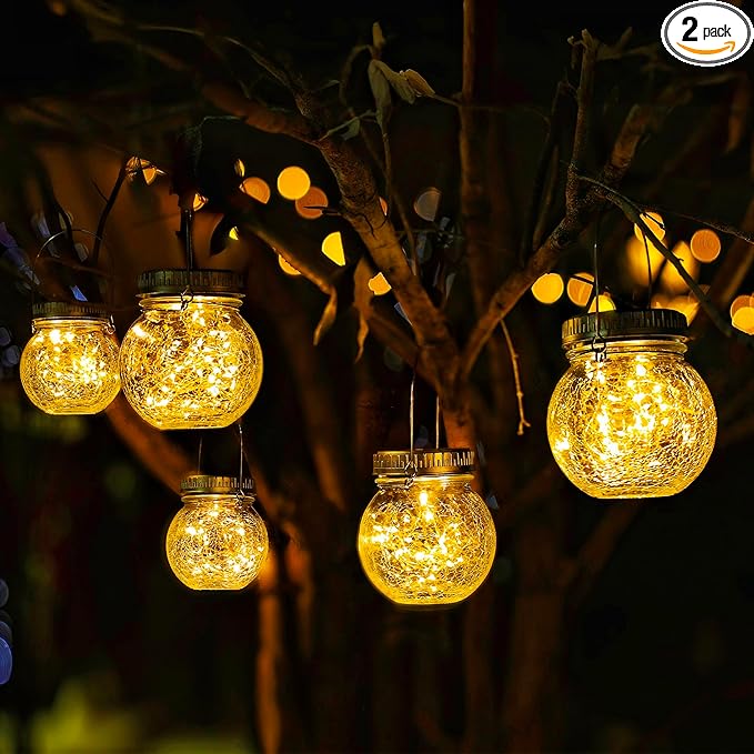Cooo 2 Pack Crackle Glass Solar Lantern with 30 LED Firefly Lights– Waterproof Outdoor Hanging Lamp 215% Larger Solar Panel, Anti-Rust Lids Decorative Lighting for Garden Patio Table