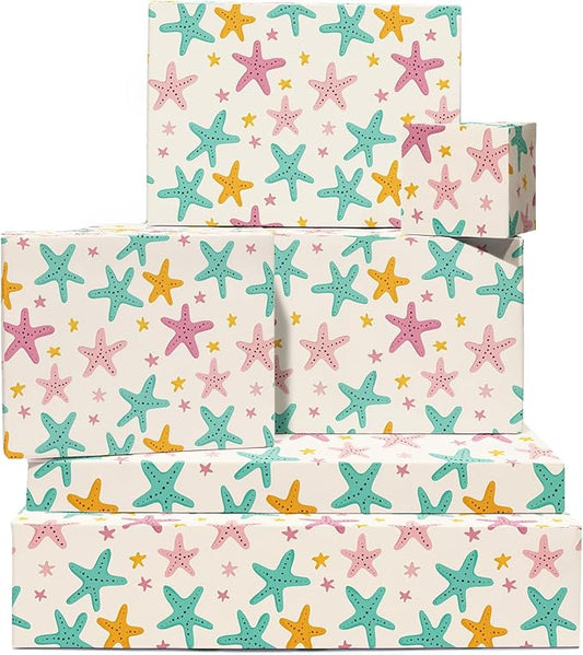CENTRAL 23 Beige Wrapping Paper - 6 Sheets Of Birthday Gift Wrap For Women - Starfish - Holiday Beach Tropical - Summer Wrapping Paper - Comes With Stickers