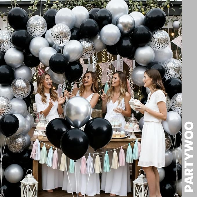 PartyWoo Black and Silver Balloons 66pcs 12 Inch Matte Black Metallic Chrome Silver Confetti Balloons for Graduation Baby Shower Men Birthday Wedding Anniversary New Year's Eve Party Decorations