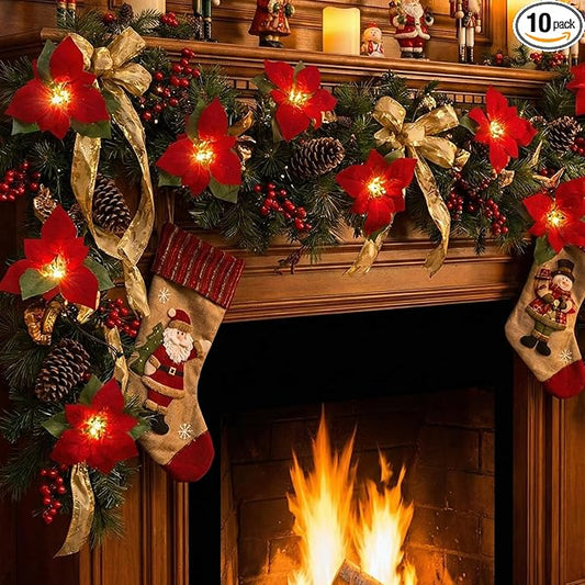 8.5FT Christmas LED Flower String Lights, Christmas Decorations Lights Outdoor with 10 LED Red and Green Flowers Bulbs, Plug in Flower Fairy Light for Valentines Wedding Garden Porch Floral Decor