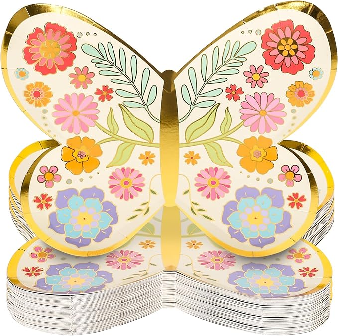 FYSUIMU 24 Pcs Floral Butterfly Paper Plates Gold Foil Flower Disposable Plates Butterfly Shape Party Tableware for Spring Wedding Birthday Table Decor Supplies