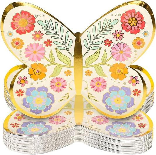 FYSUIMU 24 Pcs Floral Butterfly Paper Plates Gold Foil Flower Disposable Plates Butterfly Shape Party Tableware for Spring Wedding Birthday Table Decor Supplies