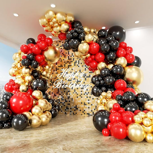 153Pcs Red and Black Gold Balloons Garland Arch Kit - 18 12 10 5 inch Different Size Black and Red Metallic Gold Balloons for Casino Anniversary Night Hollywood Movie Night Party Decorations