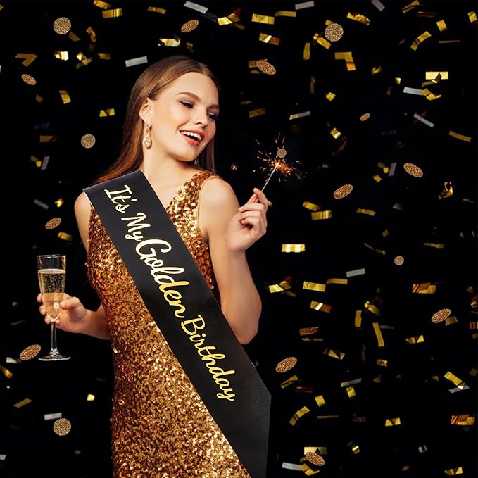 It's My Golden Birthday Sash - Black Satin with Gold Foil Golden Birthday Sash for Women Funny Party Favor Supplies Accessories Gifts for Girls