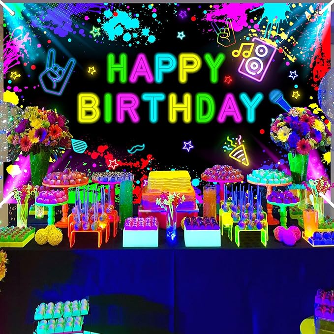 Neon Birthday Backdrop 7x5 ft Glow in The Dark Banner Neon Birthday Party Decorations Glow Photography Background Photo Booth Props
