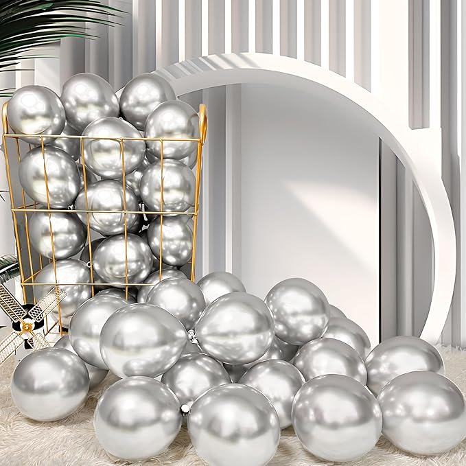 Firomi Metallic Silver Balloons 5-inch 100 Pack Helium Small-Medium Shiny Round Chrome Silver Thicken Latex Balloon for Wedding Birthday Party (with 2 Ribbons)