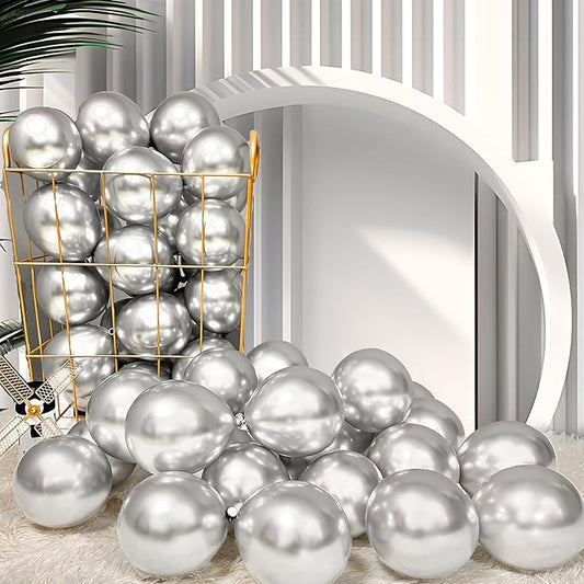 Firomi Metallic Silver Balloons 5-inch 100 Pack Helium Small-Medium Shiny Round Chrome Silver Thicken Latex Balloon for Wedding Birthday Party (with 2 Ribbons)