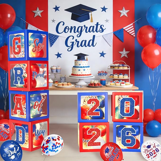 2026 Graduation Decorations, Red and Blue Graduation Decorations, Balloons Boxes (4PCS) with Letters 2026 GRAD So Proud of You, Congrats Grad Decorations for High School & College