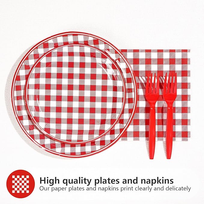 200Pcs Red Gingham Party Supplies Red and White Checkered Buffalo Plaid Plates and Napkins Disposable Gingham Tableware Set for Summer Pizza BBQ Picnic Baby Shower Birthday Party Decorations Serves 50