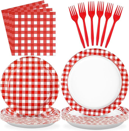 96 Pcs Red Gingham Party Decorations Red and White Buffalo Checked Plaid Plates and Napkins Disposable Gingham Tableware Sets for Summer Pizza BBQ Picnic Baby Shower Birthday Party Supplies Serves 24