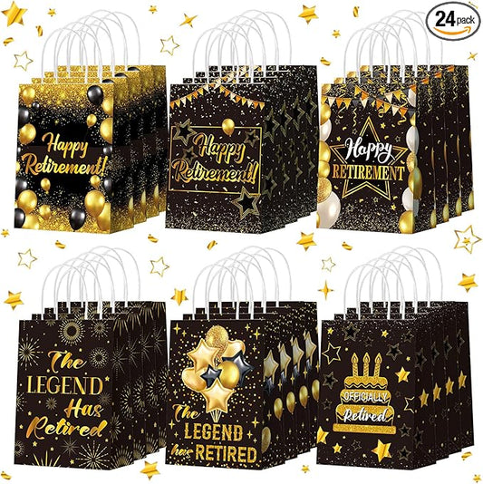 Kolldenn 24 Pcs Retirement Party Favors Bags Retire Gift Goodie Paper Bags with Handles Black Gold Happy Retirement Candy Treat Pouch for Retirees Farewell Going Away Party Decorations Supplies