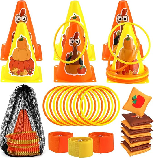 4 in 1 Fall Festival Thanksgiving Party Games with Ring Toss, Plastic Cones, Bean Bags, 3-Legged Race Bands, Thanksgiving Games for Family Boy Girl Adult Carnival Friendsgiving Outdoor Yard Activities