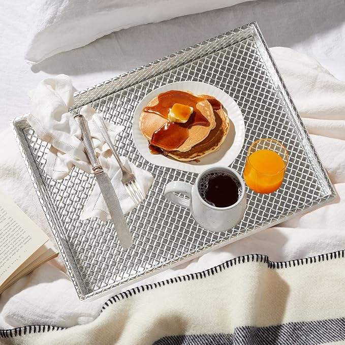 HofferRuffer Rectangle Serving Tray with Hole Handles for Coffee Table, Breakfast, Tea, Food, Butler - Countertop, Kitchen, Vanity Serve Tray, 16.2 x 12.2 x 2 inches, Faux Leather (Silver)