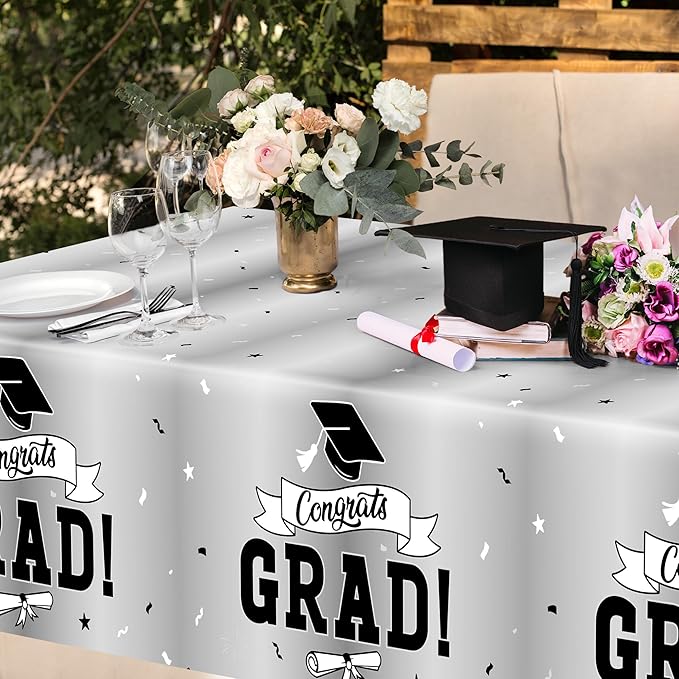 2 Pcs 2026 Graduation Table Decorations, 108" X 54" Silver Graduation Table Cloths, Rectangle TableCloth for Grad Party Supplies, Disposable Plastic Tablecover for Class 2026 Congrats Grad for Kids