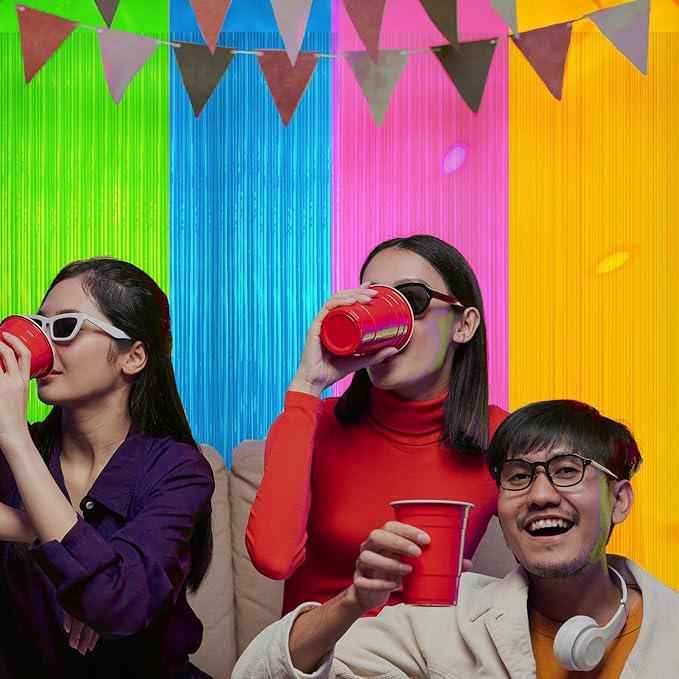 4 Pack Neon Party Decorations Glow in The Dark Party Supplies Multicolor Tinsel Foil Fringe Curtains for Birthday Party Supplies Streamers Decorations