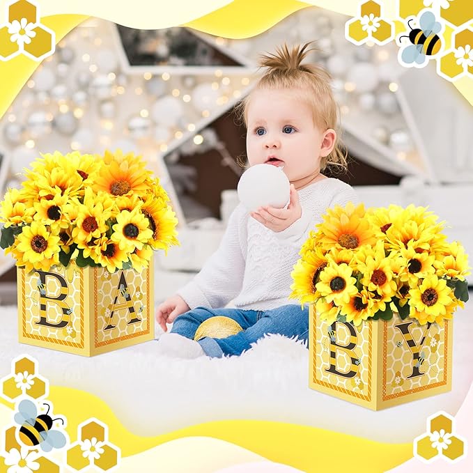 Bucherry 6 Pcs Baby Shower Centerpieces with Letters, 7" Baby Blocks Flower Boxes for Table Decorations, Gender Reveal Party Supplies & Photo Props(Yellow,Honey)