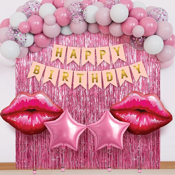 KatchOn, Pink Birthday Decorations Set – Pack of 42 | Happy Birthday Banner and Lip Decor For Happy Birthday Decorations Women, Girls, Her | Pink Party Decorations | Birthday Backdrop | Birthday Sign