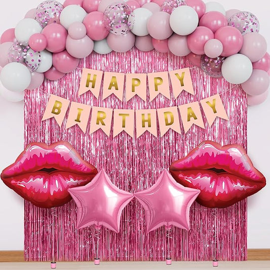 KatchOn, Pink Birthday Decorations Set – Pack of 42 | Happy Birthday Banner and Lip Decor For Happy Birthday Decorations Women, Girls, Her | Pink Party Decorations | Birthday Backdrop | Birthday Sign