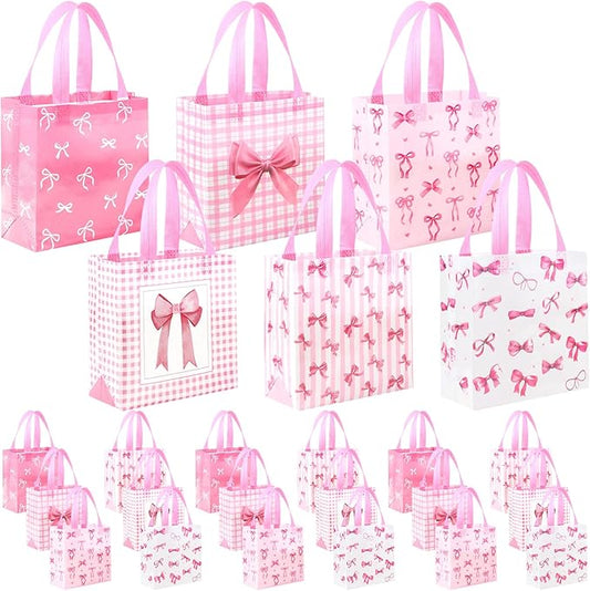 Sweetude 40 Pcs Pink Bow Gift Party Favor Bags with Handle, Non Woven Goodie Bags Birthday Favor for Birthday Baby Shower Packaging Supplies