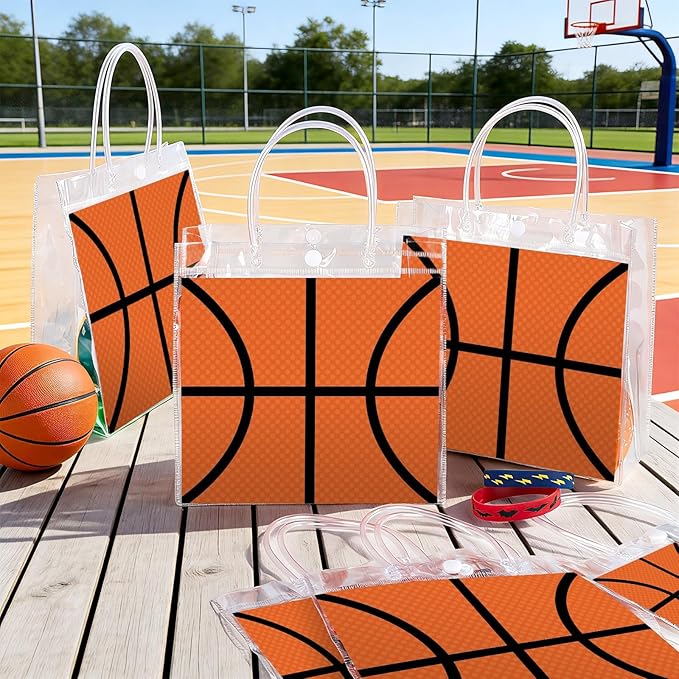 24Pcs Basketball Clear PVC Gift Bags with Handles Bulk 8 x 8 x 3In Sport Theme Goodie Treat Candy Bags Basketball Team Present Wrap Tote Bag for Boys Birthday Party Favor Baby Shower Decors Supplies