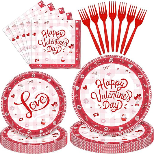 96 Pieces Valentine’s Day Tableware Set – Red and White Disposable Plates, Napkins, and Forks with Heart Balloons Designs for Romantic Dinners, Weddings, and Love-Themed Parties – Serves 24