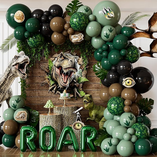 Dinosaur Birthday Party Decorations, 133Pcs Green and Black Balloon Arch Kit with ROAR Foil Balloons and Dinosaur Stickers, Jungle Dinosaur Party Supplies for Boys Birthday Baby Shower