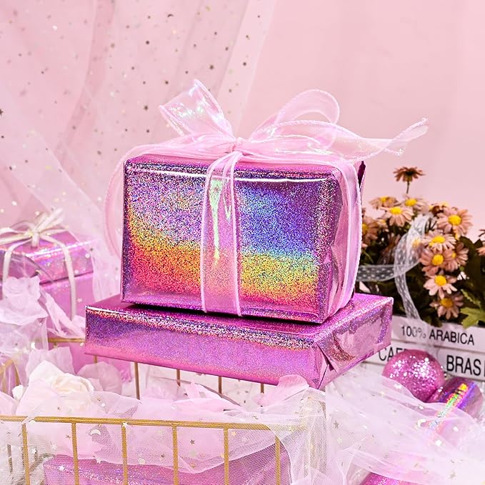 Burymento Pink Wrapping Paper Roll, Metallic Holographic Point Gift Wrap for Birthday, Valentines, Mothers day, Graduation, Wedding, Fathers day, Baby Shower, Christmas (17 IN x 32.8 FT)