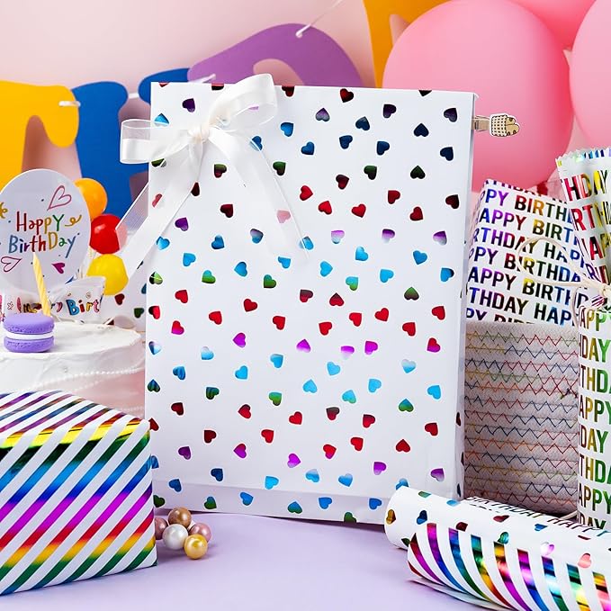 MAYPLUSS Birthday Wrapping Paper, Girl Iridescent Gift Wrapping Paper, Rainbow Foil Heart Polka Dots Stripes Bundle Gift Wrap for Kids Party, All Occasion (Mini Roll, 17 inch x 120 inch Per Roll)