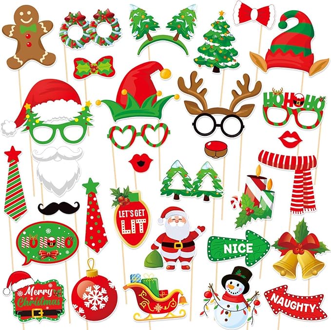 32Pcs Christmas Photo Booth Props Xmas Props for Photoshoot Fun Santa Claus Snowman Elk Glasses Beard Selfie Posing Signs Accessories for Birthday New Year Holiday Photography Decor