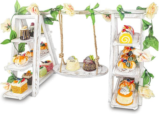 Wisreach Wooden 3 Tier Cupcake Stand with Swing and Flower Decoration Serving Removable Tray Display Serving Ladder Foldable Stand with Serving Platter Tray Party Food Display Set for Cake Snack Fruit Chips Bread Centerpieces Catering