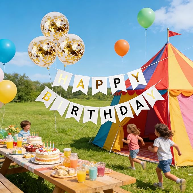 Happy Birthday Banner Sign Bunting Hanging Decorations with Shiny Gold Balloons Birthday Party Sign Decor for Party Supplies(white)