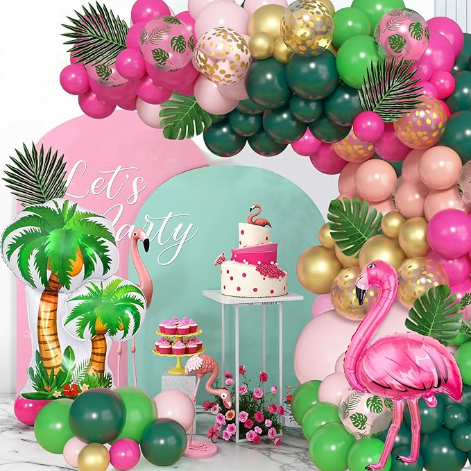 Amandir 165Pcs Flamingo Tropical Balloon Arch Garland Kit, Hot Pink Green Gold Foil Coconut Flamingo Balloons with Palm Leaves for Hawaiian Luau Aloha Summer Beach Tropical Birthday Party Decorations