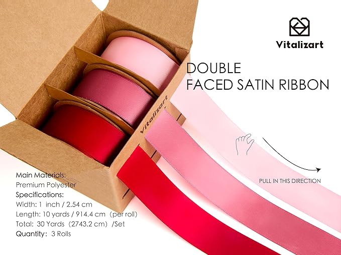 Vitalizart Ribbon for Gift Wrapping 1" x 30Yd Doubel Face Continuous Functional Satin Ribbon for Crafts Silk Like Fabric Flower Bouquet Birthday Party Decorations Bridal Shower Wreath Hair Pink & Red