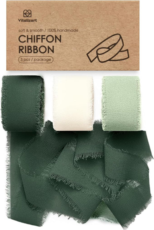 Vitalizart Cream & Green Chiffon Silk Ribbon 1" x 21 Yd Fringe Fabric Package (3 Rolls * 7 Yd) for Wedding Invitations Bridal Bouquets Decorations Gifts Wrapping & Bow Making