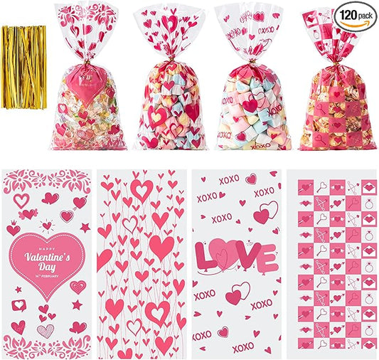 Aegero Valentines Cellophane Bags 120pcs Valentines Candy Bags with 140pcs Twists for Valentine's Candy Cookie Goodie Snack Bag for Valentines Day Wedding Party Favor Supplies,Classroom Parties Valentine04-LOVE and HEART