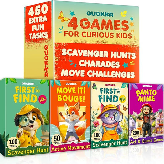 QUOKKA Kids Card Game Set Ages 4–8 – 4 Games in 1 Box with 450 Tasks, Scavenger Hunt, Charades, and Animal Movement Games for Indoor & Outdoor Family, Home & Classroom Play