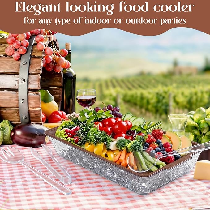 Baderke 1 Set 16" x 9" Chilled Serving Tray for Parties with Compartments Ice Chilled Party Crudite Platter Charcuterie Serving Board Cold Dish Dip Tableware for Seafood Vegetable (Dark Wood)