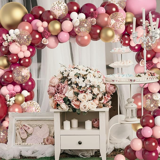Amandir 162Pcs Burgundy Balloon Garland Arch Kit, Light Pink White Maroon Balloons Confetti Latex Metallic Gold Balloons for Valentines Birthday Bridal Shower Wedding Graduation Party Decorations